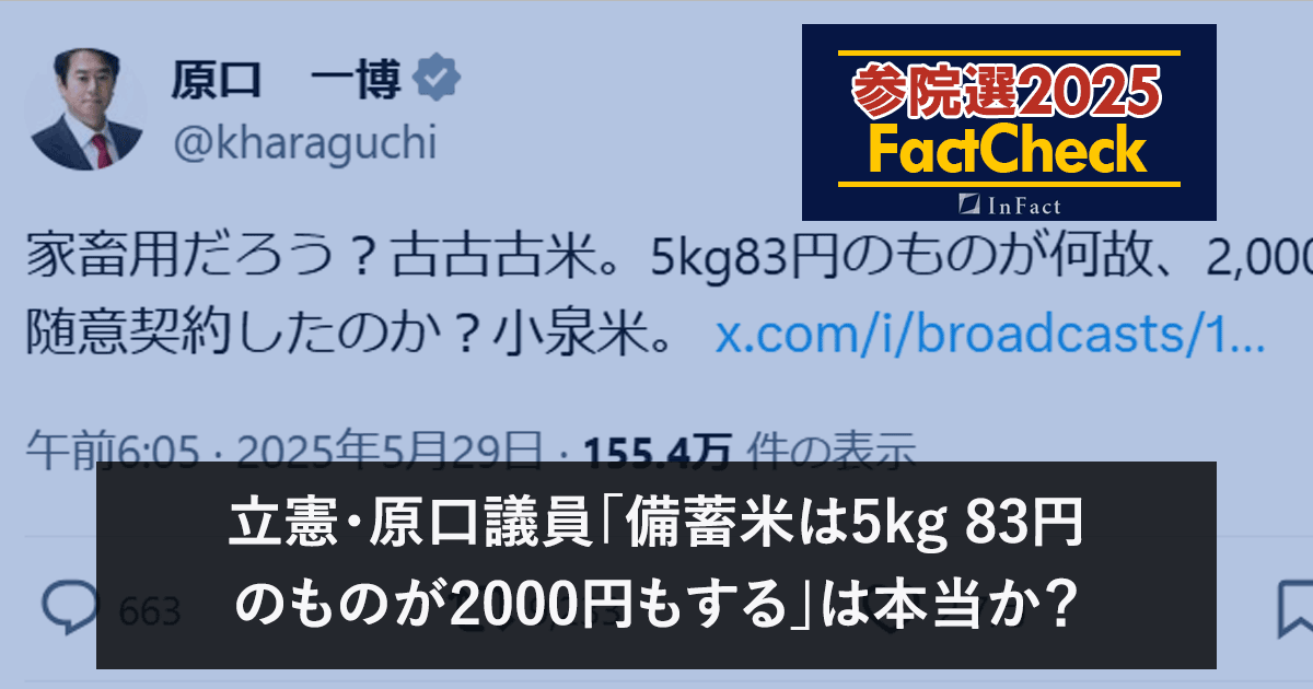 【参院選25FactCheck】立憲・原口議員「備蓄米は5kg 83円のものが2000円もする」は本当か?